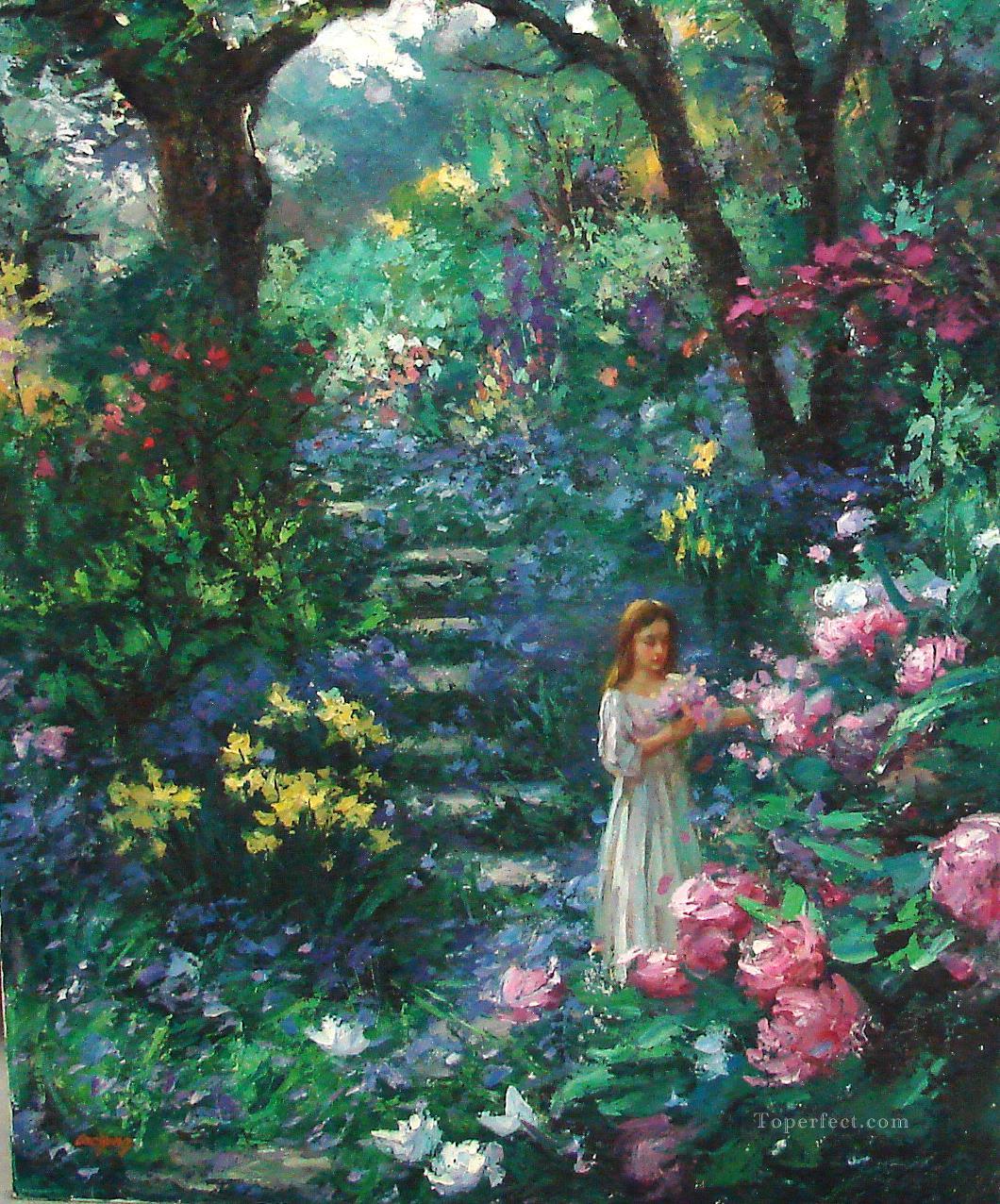 girl on floral path Oil Paintings